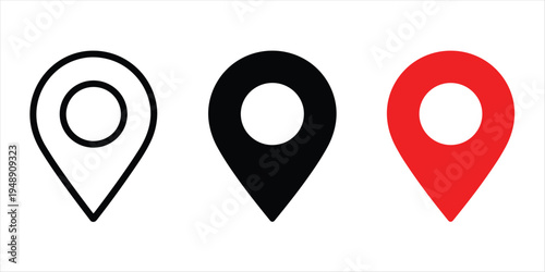Three map marker icons in outline black solid black and solid red on white location navigation
