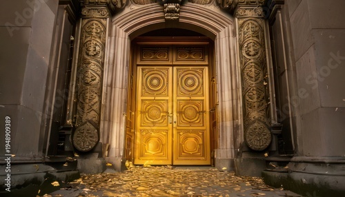 Ornate golden doors of a historic building entrance.