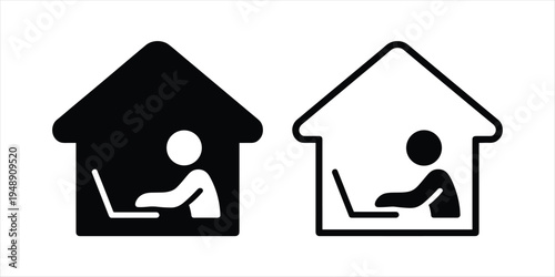Two house icons showing a person working on a laptop inside home office remote work