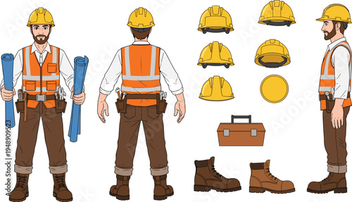 Construction worker character turnaround with safety helmet, reflective vest, tools and equipment set isolated on white background industrial worker design