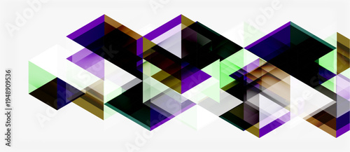 Abstract geometric composition. Overlapping triangles create dynamic pattern, using purple, black, gold hues. Minimalist design.