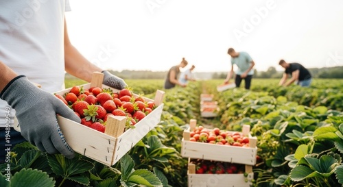 Farmers harvesting fresh strawberries in a lush green field