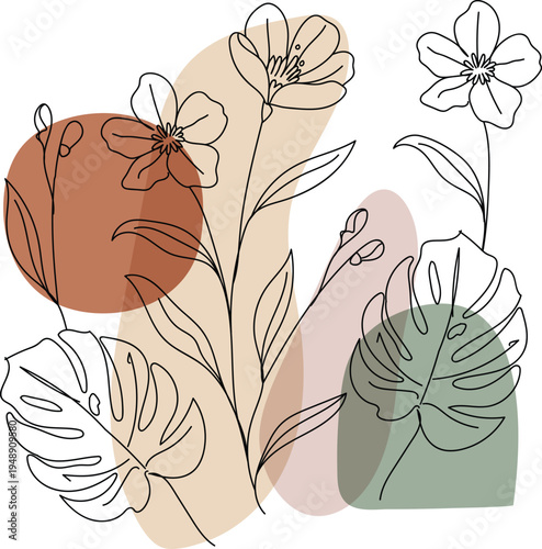 Elegant boho botanical line art of wildflowers and monstera leaves on organic earth tone shapes. A trendy minimalist design perfect for modern wall art, branding, and stylish home decor prints.