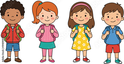 Cute school kids characters with backpacks, smiling boys and girls students cartoon illustration set isolated on white background