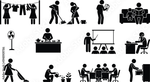 Daily life activities silhouettes set including cleaning cooking teaching working gardening family reading laundry and office tasks lifestyle concept