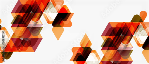 Abstract geometric shapes overlap, creating warm color palette. Orange, red, brown tones dominate white background. Modern design element.