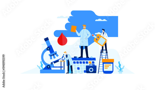 Medical Laboratory Research: Scientists Conducting Blood Analysis and Diagnostic Testing with Microscope and Glucometer