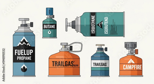 Collection of Portable Camping Gas Canisters for Outdoor Cooking.