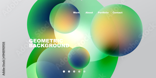 Abstract colorful shapes overlap. Text labels present work, about, portfolio, contact. Gradient background provides visual interest.