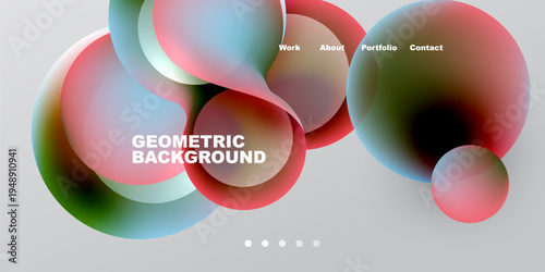 Abstract colorful shapes overlap, creating dynamic background. Text elements present work, about, portfolio, contact details. Minimalist design.