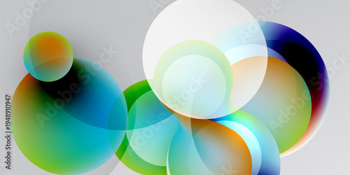 Abstract circles overlap, creating vibrant color blends. Soft gradients suggest light, depth, movement. Minimalist design on dark background.