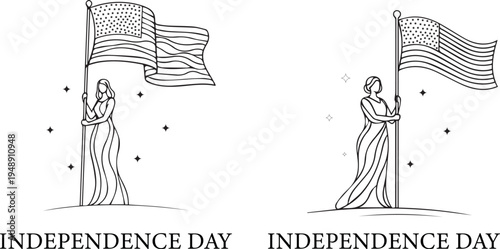 A patriotic illustration of a woman holding an American flag on Independence Day vector silhouette