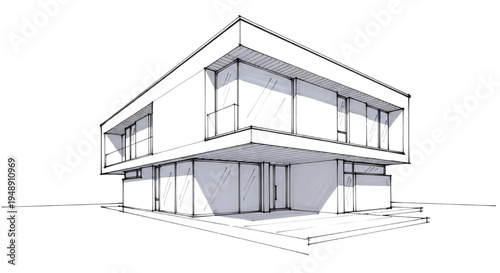 Architectural sketch of a modern house with clean lines and large windows