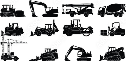 Silhouette of various heavy construction equipment and machinery in black on white background silhouette