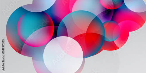 Abstract circles overlap, creating vibrant color blends. Pink, blue, white hues dominate dark background. Modern design element.
