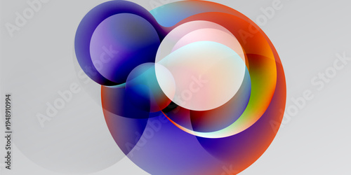 Abstract colorful shapes overlap, creating vibrant circular design. Soft gradients blend blues, reds, purples, whites. Minimalist composition.