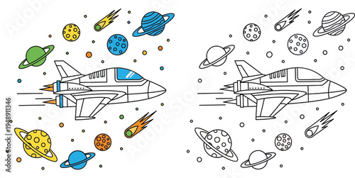 Spacecraft in outer space coloring book page. Colorful and black and white line art outline illustration with spaceship, planets, and comets for kids activity.