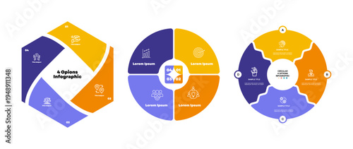 Vector circle venn diagram infographic four steps set for business presentations and posters or web. Vector editable infographic.