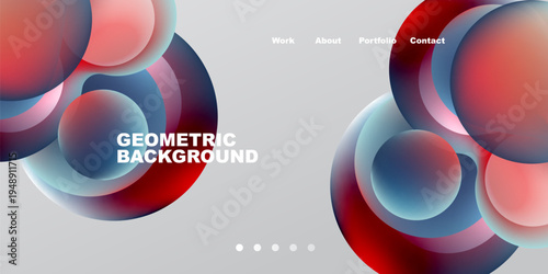 Abstract geometric design. Overlapping circles create dynamic visual flow. Minimalist aesthetic with text elements for navigation.