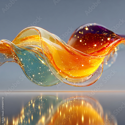 A colorful abstract glass sculpture with a wavy design on a reflective surface