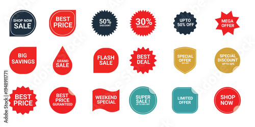 Colorful Sale Discount Badge Collection with Promotional Stickers Labels and Tags for Marketing Advertising E Commerce Special Offer Clearance and Retail Campaign Design