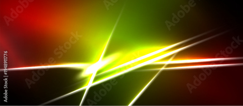 Abstract vibrant energy lines intersect. Bright yellow center radiates, transitioning through green, orange, red hues. Dark background emphasizes luminosity.
