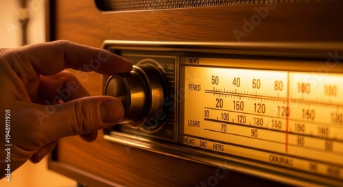 Hand tuning vintage radio dial.