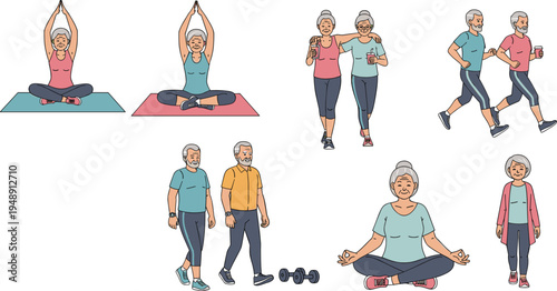 Senior Fitness Activities Set with Elderly People Practicing Yoga, Walking, Jogging and Healthy Lifestyle Exercises Vector Illustration Collection