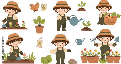 Cute Little Gardener Character Set Planting Flowers, Watering Plants and Harvesting Vegetables in Garden Activities Vector Illustration
