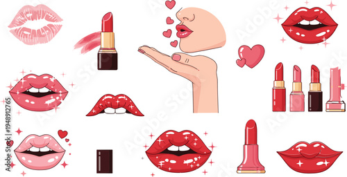 Glossy Lips and Lipstick Makeup Collection with Kiss Marks, Beauty Cosmetics, Hearts and Female Mouth Expressions Vector Illustration Set