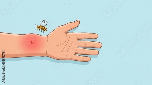 illustration of a bee flying over a human hand with a red swollen sting on the wrist. Medical concept of insect bite, skin allergy, and localized inflammation.