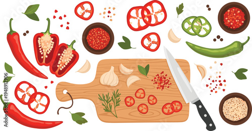 Chili Pepper Cooking Ingredients Set with Cutting Board, Knife, Garlic, Herbs and Spices for Spicy Food Kitchen Vector Illustration