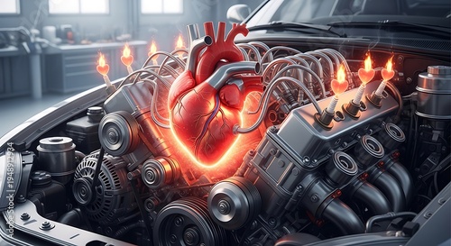 Powerful engine concept featuring a fiery human heart at the center of machinery.
