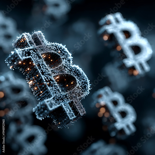 A close-up view of a Bitcoin symbol amidst a blurred background of similar symbols
