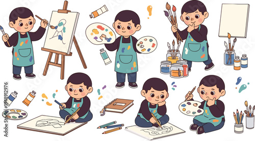 Cute Little Artist Kid Character Set Painting on Canvas with Brushes, Palette, Colors and Creative Art Activities Vector Illustration