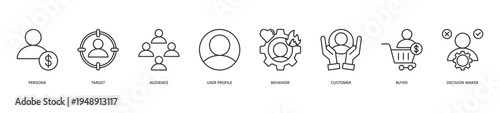 Buyer Persona Icon Set. Icon set includes Persona, Target, Audience, User Profile, Behavior, Customer, Buyer, Decision Maker.