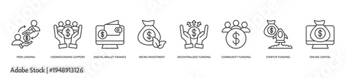 Alternative Finance Icon Set. Icon set includes Peer Lending, Crowdfunding Support, Digital Wallet Finance, Micro Investment, Decentralized Funding, Community Funding, Startup Funding, Online Capital.
