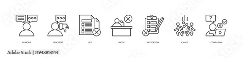 Fake News Icon Set. Icon set includes Rumors, Discredit, Lies, Incite, Distortion, Chaos, Confusion.