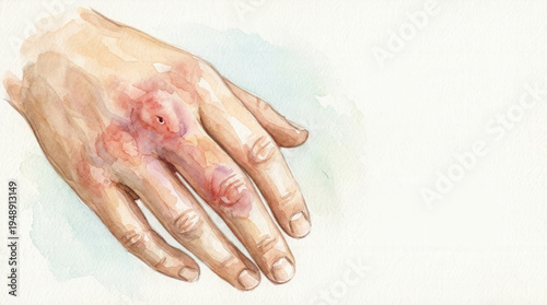 Watercolor illustration of a bee sting on a human hand. Artistic medical drawing showing acute inflammation, redness, and swelling on the knuckles and fingers after an insect bite.