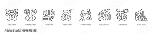 Financial Bubble Icon Set. Icon set includes Asset Bubble, Price Speculation, Market Hype, Overvaluation, Investor Crowd, Bubble Growth, Bubble Burst, Market Crash.