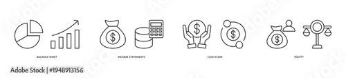 Financial Statements Icon Set. Icon set includes Balance Sheet, Income Statements, Cash flow, Equity.