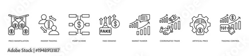 Market Manipulation Icon Set. Icon set includes Price Manipulation, Insider Trading, Pump Scheme, Fake Demand, Market Rumor, Coordinated Trade, Artificial Price, Trading Control.