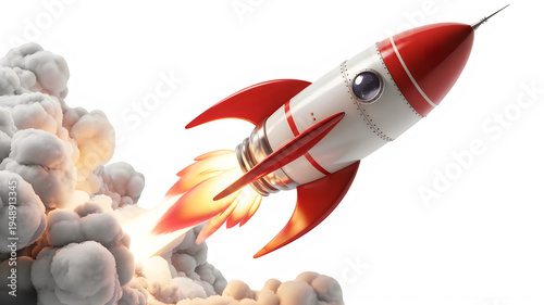 Red and white rocket launching with fiery exhaust and smoke isolated on a transparent background