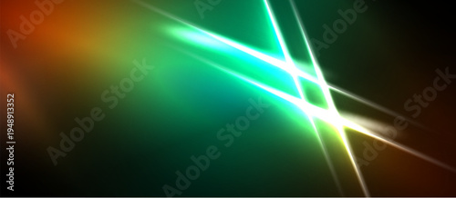 Abstract light streaks intersect, creating vibrant green, orange hues. Dark background emphasizes bright energy, dynamic composition.