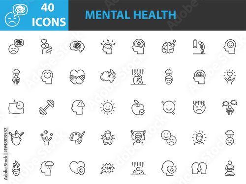 set of mental health icons, negative thinking, positive thinking, stress