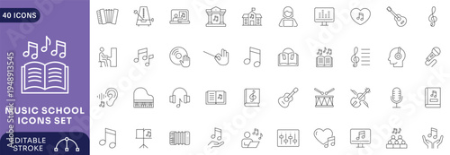 Music School icon set. Contain icons related to relevant to music schools, music, learning Etc. line Icon Collection. Fully Editable.