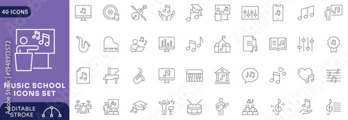 Music School icon set. Contain icons related to relevant to music schools, music, learning Etc. line Icon Collection. Fully Editable.