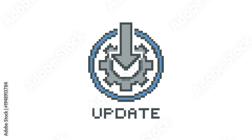Pixel style vector illustration of a blue gear with downward arrow inside circle, Flat retro design for software, system update, refresh, and tech notification themes.