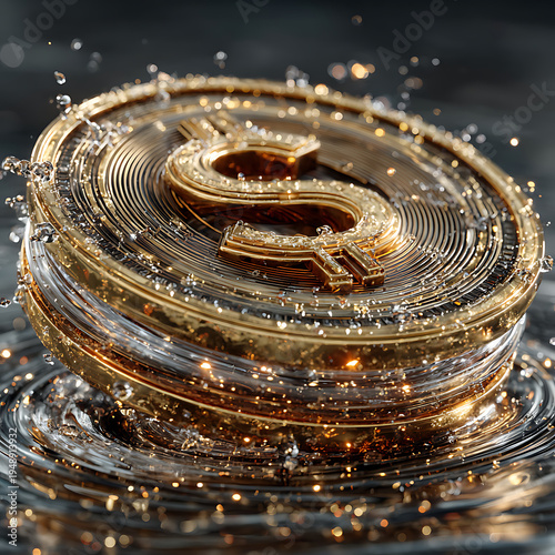 A shiny gold coin with a dollar sign surrounded by water splashes