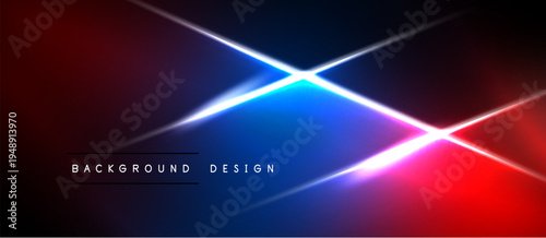 Abstract background features vibrant red, blue gradients. Diagonal light streaks intersect creating dynamic visual effect. Minimalist text present.